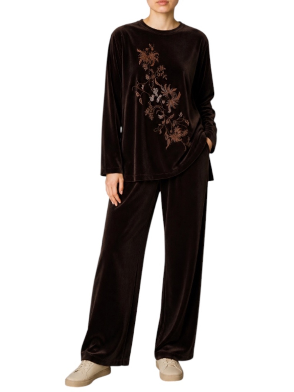 Carole Little Womens Brown Velour Embroidered 2 Piece Set Top Pant